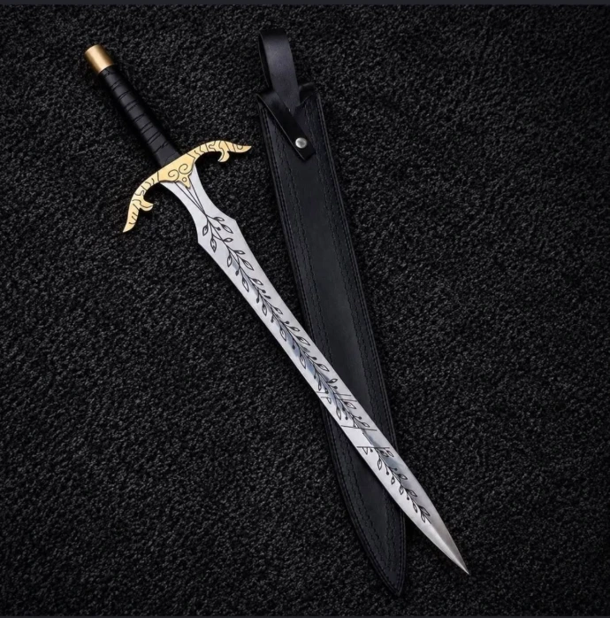 Handcrafted medieval steel sword with black leather scabbard