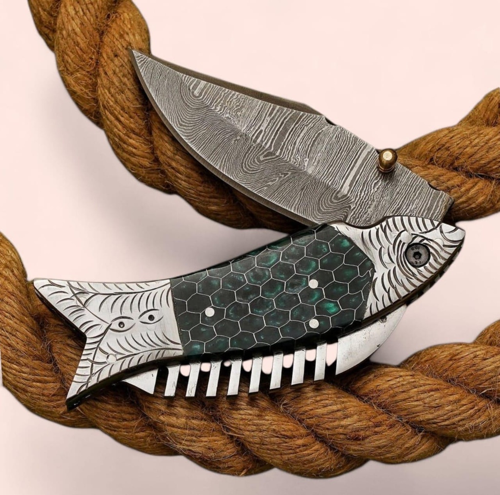 Hand-Forged Fish-Shaped Damascus Folding Pocket Knife with Green Honeycomb Handle