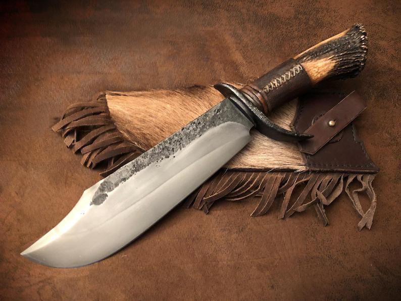 Hand-Forged Brut de Forge Mountain Man Bowie Knife with Stag Antler Handle