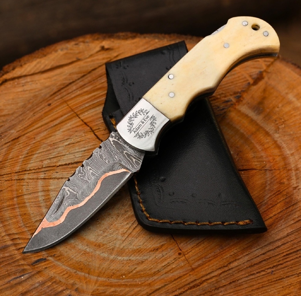 Custom Copper Mai Damascus Folding Pocket Knife with Bone Handle & Engraved Bolster