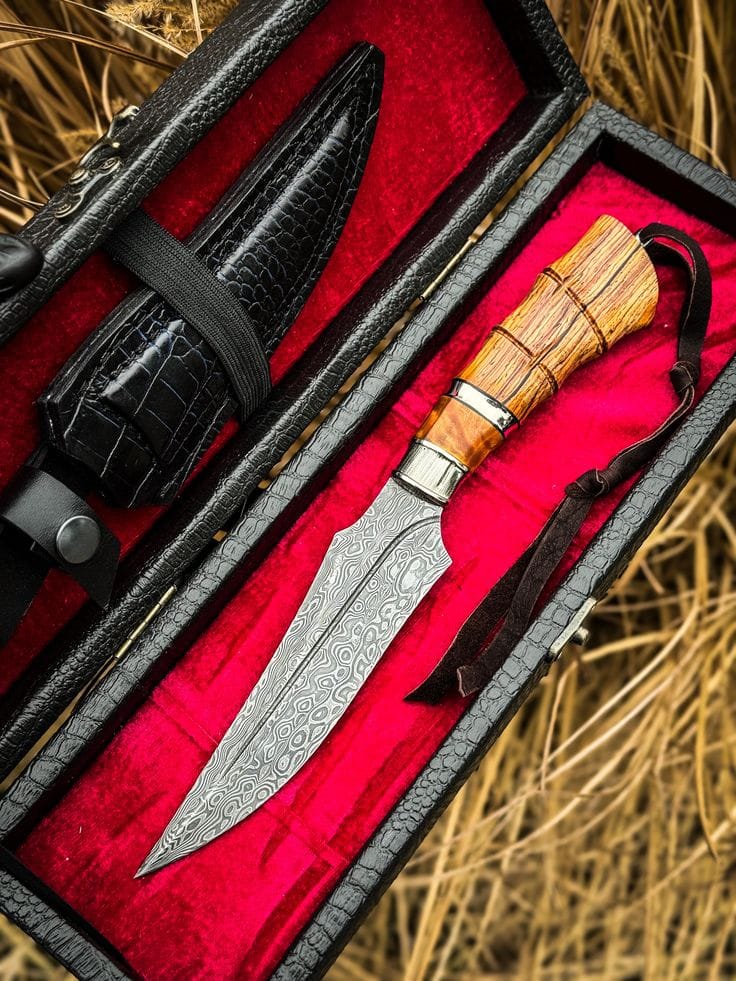 Custom Raindrop Damascus Spear-Point Dagger Knife with Segmented Wood Handle