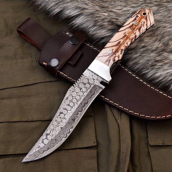 Custom Raindrop Damascus Trailing-Point Skinner Knife with Marbled Resin Handle