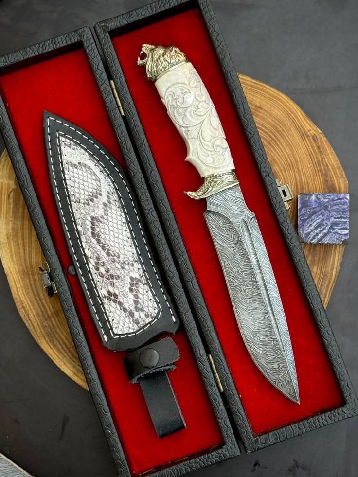 Master-Crafted Hand-Forged Damascus Lion Head Hunting Bowie Knife with Python Sheath